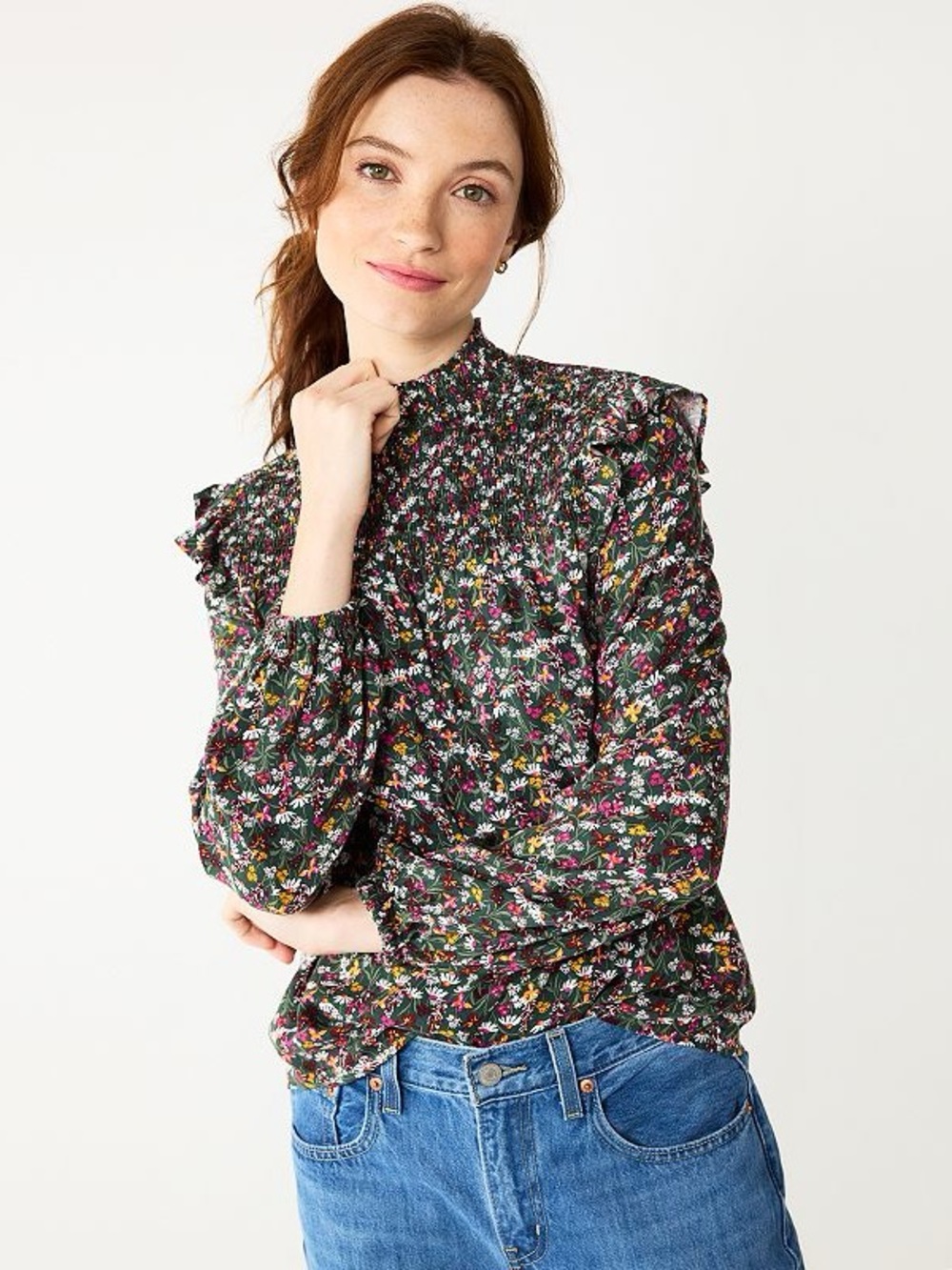 RSVP Draper James Green Floral Smocked Ruffle Blouse | Size 2X | NWT